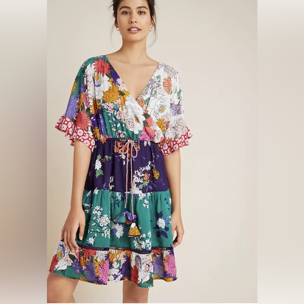 Anthropologie Multicolor Floral Tiered Dress in Pink, Green and Yellow